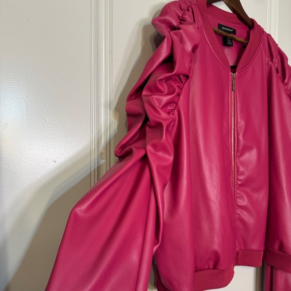 Ashley Stewart Plus Size Faux Leather Ruched Bomber Jacket Hot Pink Ruffle 32 5X - Picture 8 of 13